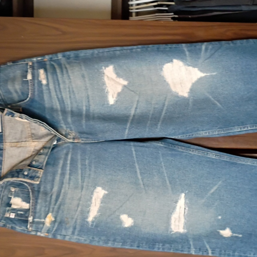 Women's Jeans High Rise Baggy Boyfriend Upcycled Distressing On Front AG-ED - Picture 4 of 8